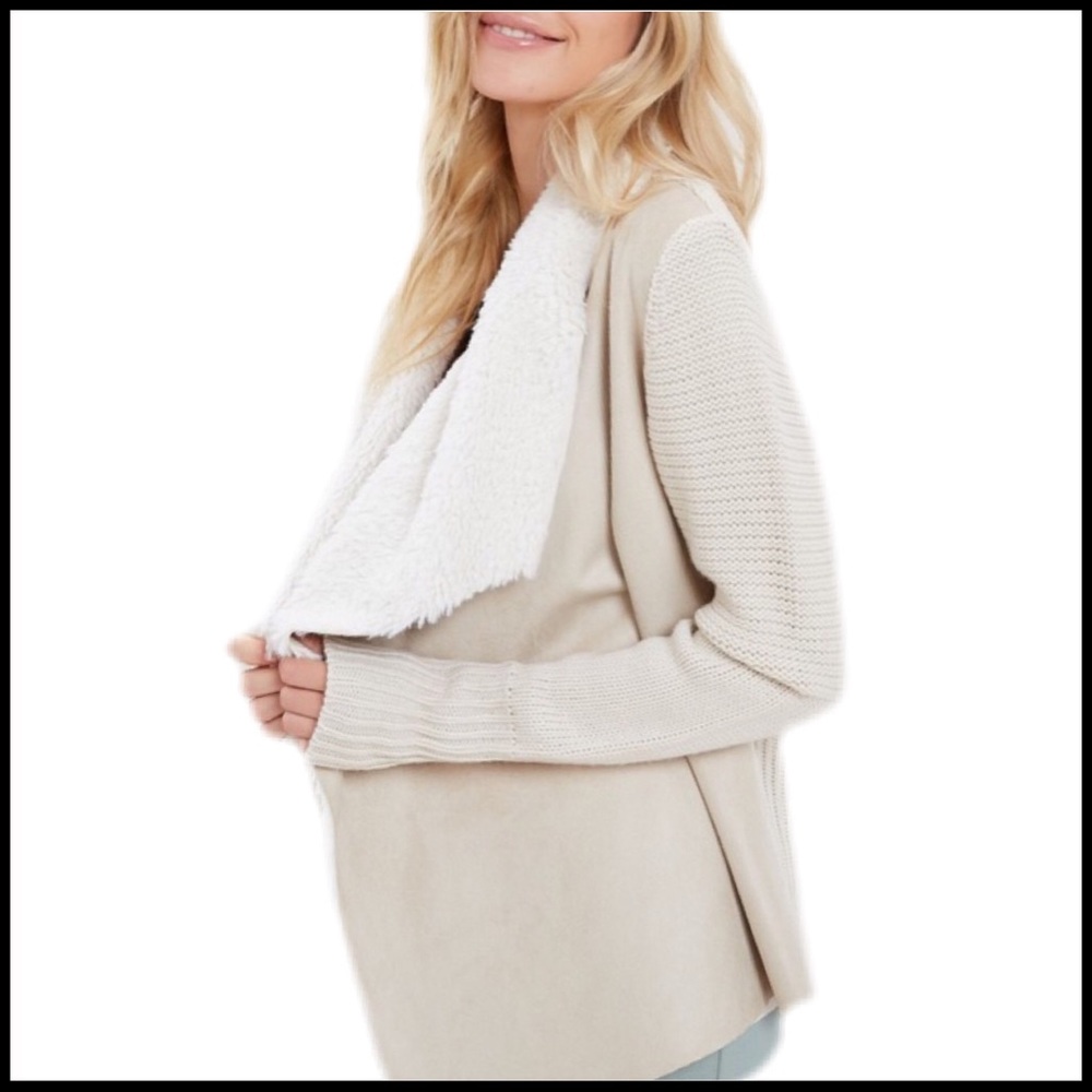 Vegan Suede and Sherpa Cardigan in Sand - Picture 1 of 4